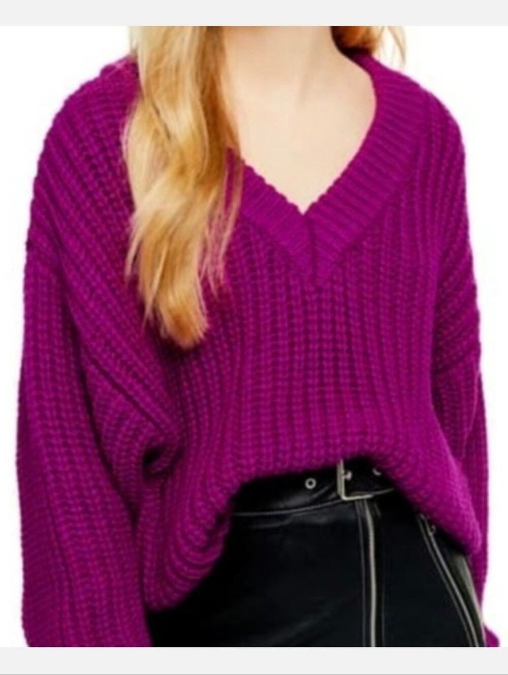Topshop Cropped Chunky Knit Magenta V-Neck Sweater Sz M/8-10